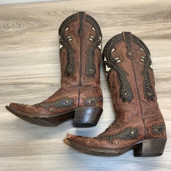 Corral G1042 Womens Studded Inlay 7M Brown Leather Inlay Snip Toe Western Boot - Picture 5 of 16